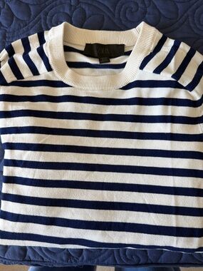 Zara Women’s Navy and White Striped Crewneck Sweater